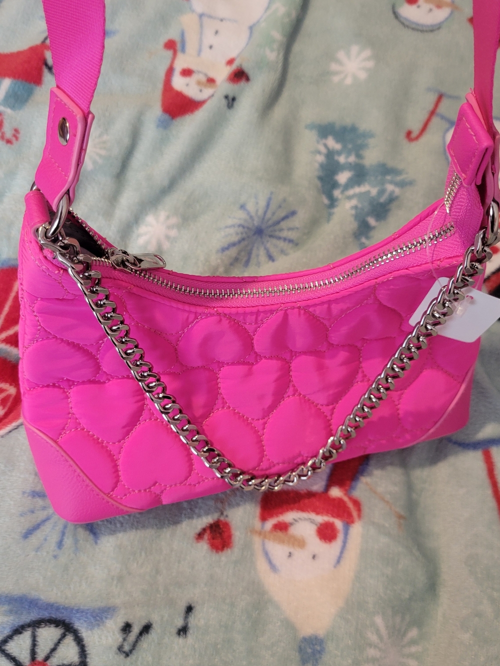 Pink Quilted Heart Shoulder Bag with Chain Detail
